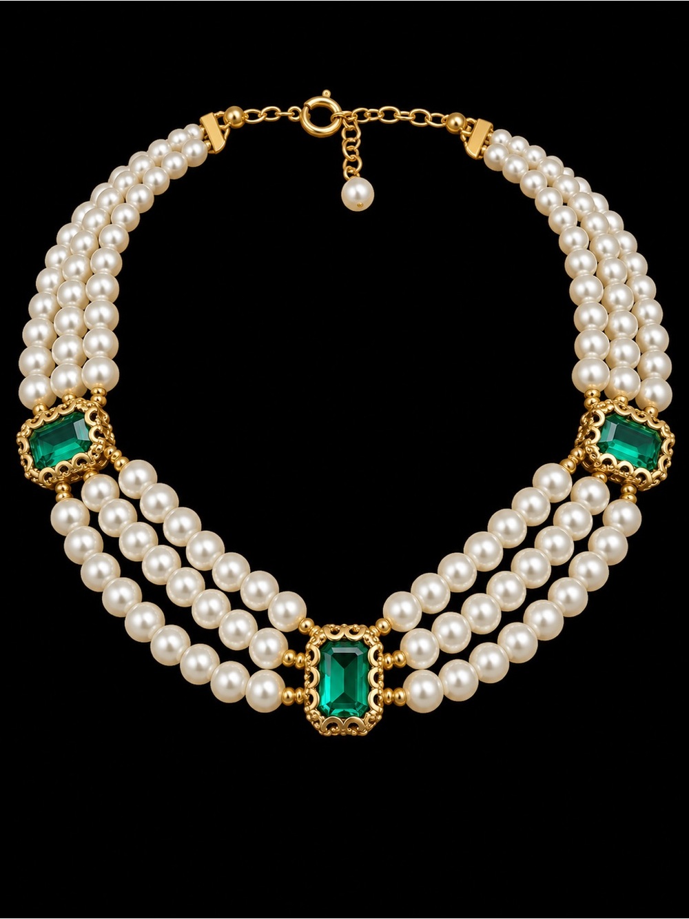 Pearl and Emerald-Accent Gold Necklace - Classic Three-Strand Choker